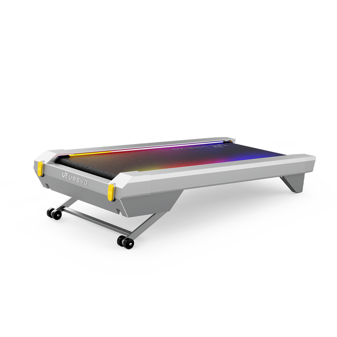 The UREVO CyberPad for Office Smart Treadmill features a sleek design with colorful LED lights.
