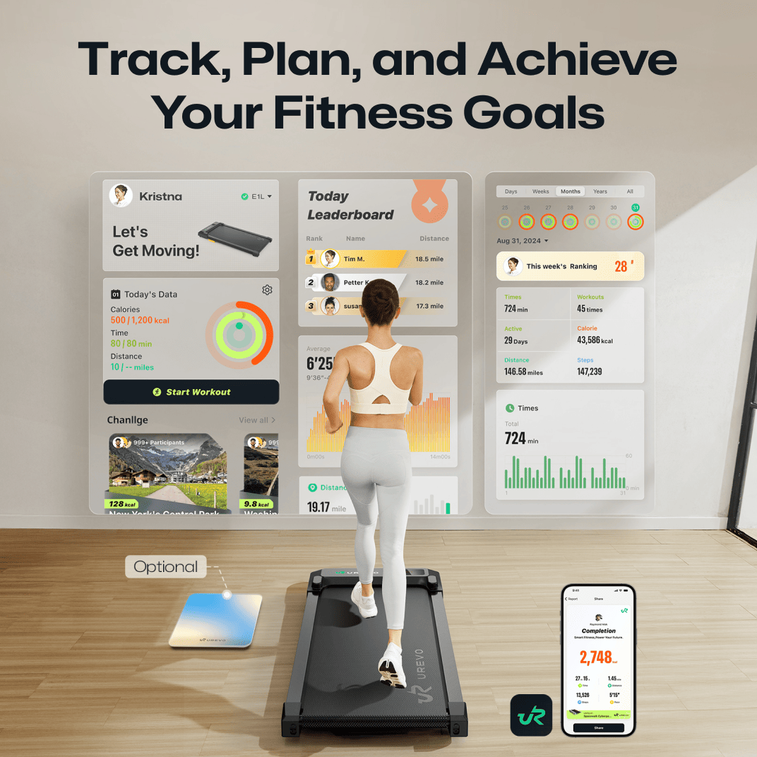 The UREVO SpaceWalk E1L Treadmill helps track, plan, and achieve fitness goals with detailed data on workouts, calories, and distance.