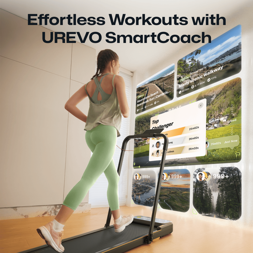 The UREVO Strol 2E Smart Treadmill offers effortless workouts with UREVO SmartCoach, featuring interactive scenic routes and top challenger rankings.