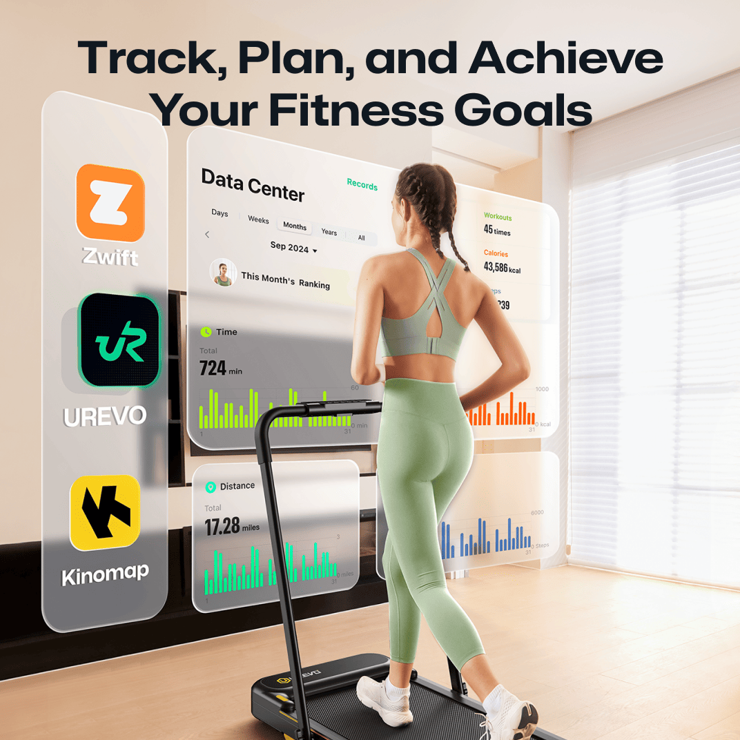 The UREVO Strol 2E Smart Treadmill helps track, plan, and achieve fitness goals with apps like Zwift, UREVO, and Kinomap for data analysis.