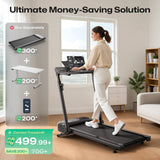 A woman walks on the FoldiMix 5L Smart Treadmill while using a laptop.