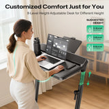 A woman uses the FoldiMix 5L Smart Treadmill with an adjustable desk, customizing height for comfort.