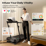 A woman checks her fitness data on the FoldiMix 5L Smart Treadmill, syncing with Apple Health and Google Fit.