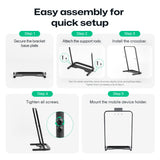 UREVO Walking Pad Handrail assembly guide: Black handrail components and mobile device holder in 5 easy steps.