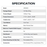 UREVO Walking Pad Handrail Specifications: Includes dimensions, weight, tube material, iPad holder capacity and features.
