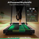 A person walks on the FoldiMix 5L Smart Treadmill with AI-generated music matching their pace.